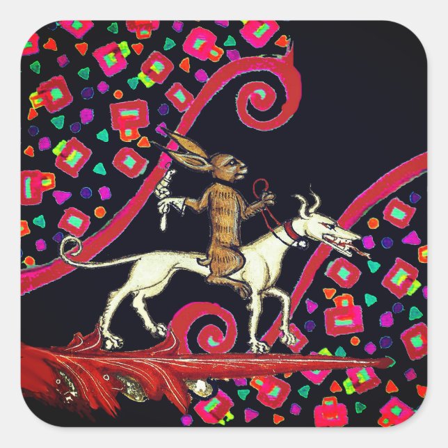 WEIRD MEDIEVAL BESTIARY Rabbit Riding a White Dog  Square Sticker (Front)