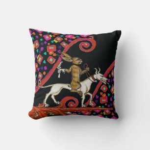 WEIRD MEDIEVAL BESTIARY Rabbit Riding a White Dog Throw Pillow