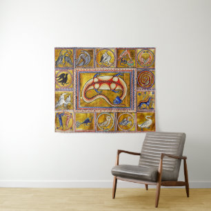 WEIRD MEDIEVAL BESTIARY,SALAMANDER,FOREST ANIMALS TAPESTRY