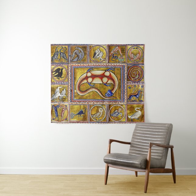 WEIRD MEDIEVAL BESTIARY,SALAMANDER,FOREST ANIMALS TAPESTRY (In Situ (Horizontal))