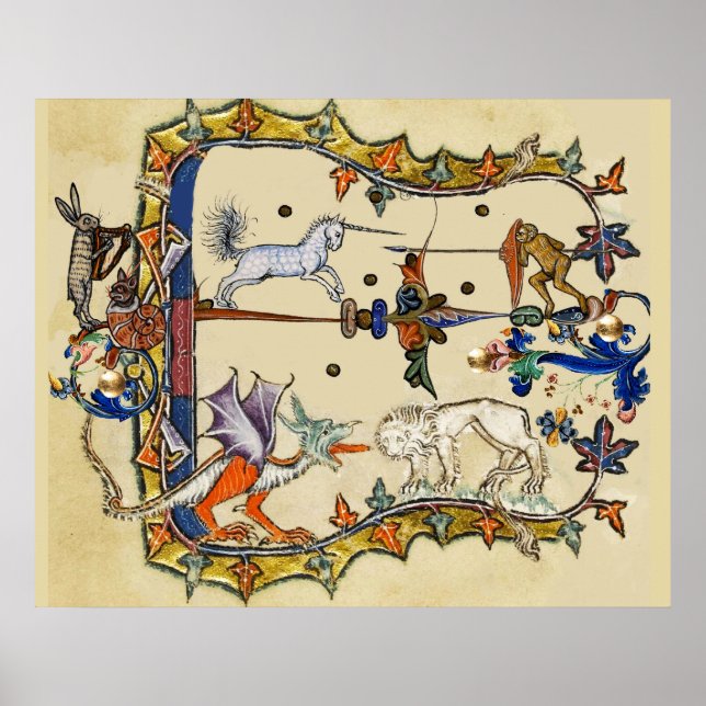 WEIRD MEDIEVAL BESTIARY ,UNICORN FIGHTING MONKEY POSTER (Front)