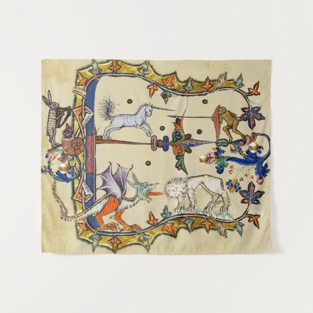 WEIRD MEDIEVAL BESTIARY ,UNICORN FIGHTING MONKEY TAPESTRY (Front (Horizontal))