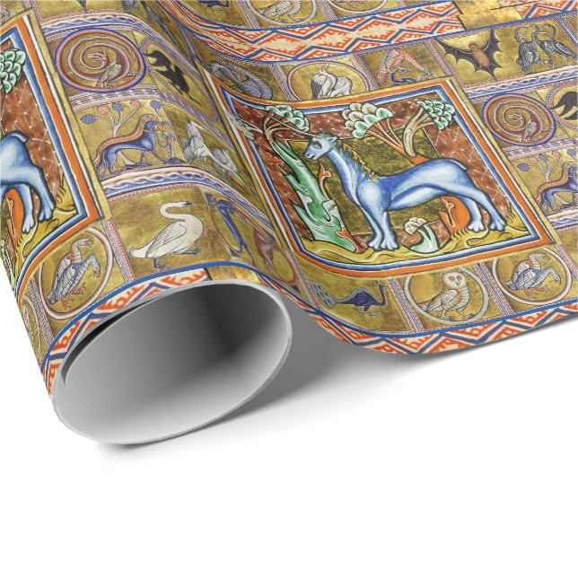 WEIRD MEDIEVAL BESTIARY,UNICORN,FOREST ANIMALS  WRAPPING PAPER (Roll Corner)