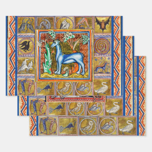 WEIRD MEDIEVAL BESTIARY,UNICORN,GRIPHON,WILD BOAR  WRAPPING PAPER SHEET