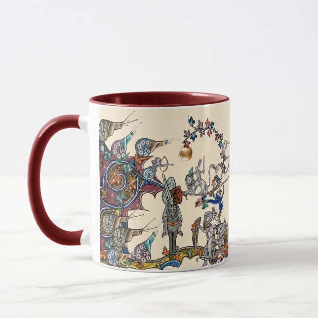 WEIRD MEDIEVAL BESTIARY WAR, KNIGHTS,GIANT SNAILS  MUG (Left)