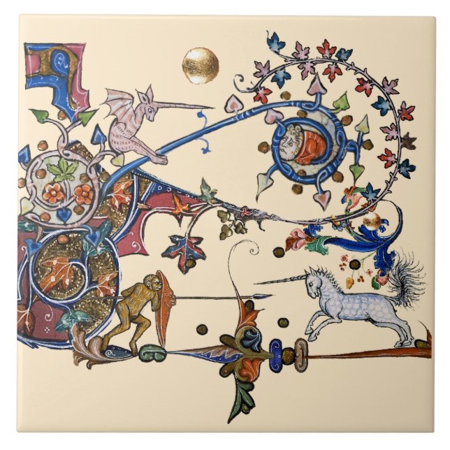 WEIRD MEDIEVAL BESTIARY WAR UNICORNS COMBAT MONKEY TILE (Front)