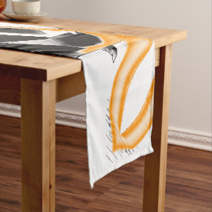 Weird medley of burnt tapes, orange white scratch short table runner