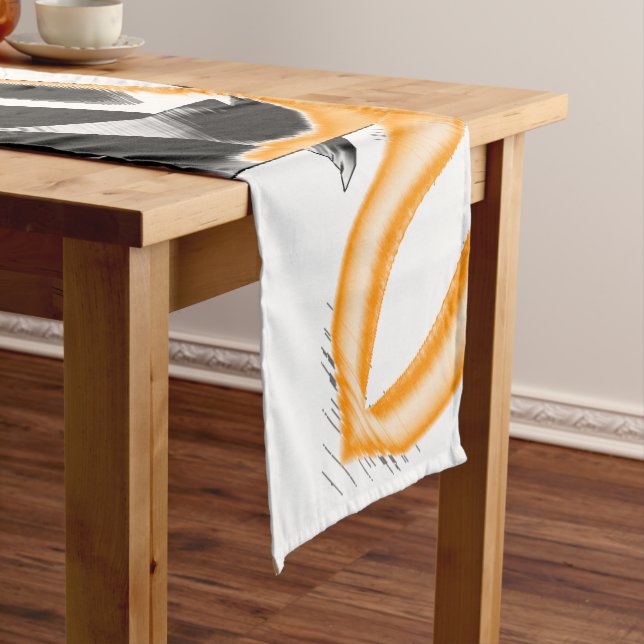 Weird medley of burnt tapes, orange white scratch short table runner (In Situ)