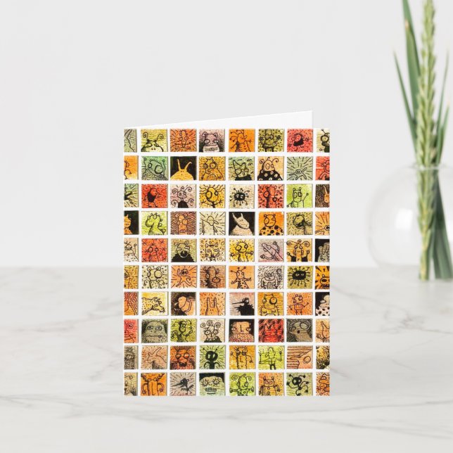 Weird Strange Cartoon Faces Color Squares Folded Note Card (Front)