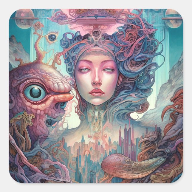 Weird Surreal Alien Woman Art Square Sticker (Front)