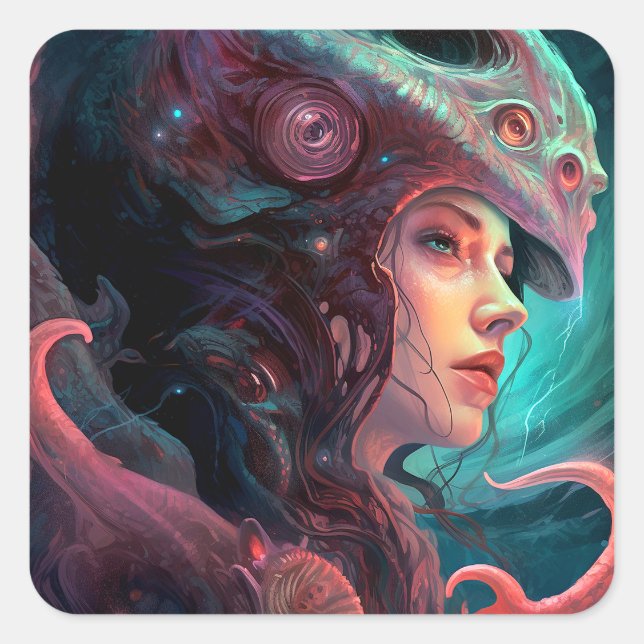 Weird Surreal Alien Woman Art Square Sticker (Front)