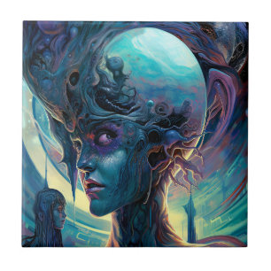 Weird Surreal Alien Woman Art Tile