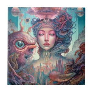 Weird Surreal Alien Woman Art Tile