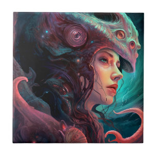 Weird Surreal Alien Woman Art Tile