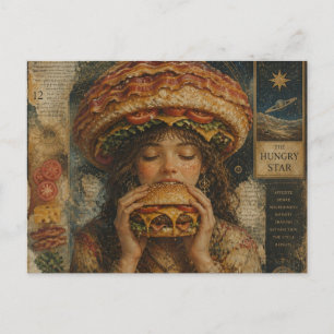 Weird Surreal Girl with a Bacon Cheeseburger Hat  Postcard