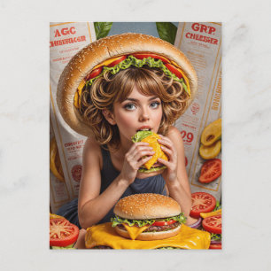 Weird Surreal Girl with a Cheeseburger Hat Postcard