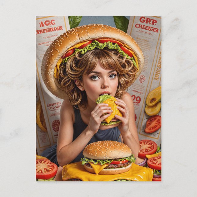 Weird Surreal Girl with a Cheeseburger Hat Postcard (Front)