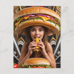 Weird Surreal Girl with a Cheeseburger Hat Postcard