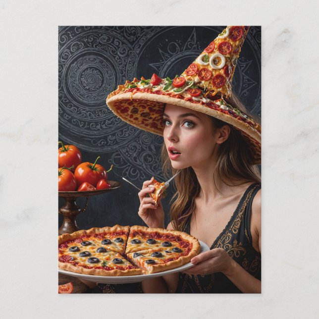 Weird Surreal Girl with a Pizza Hat Postcard (Front)