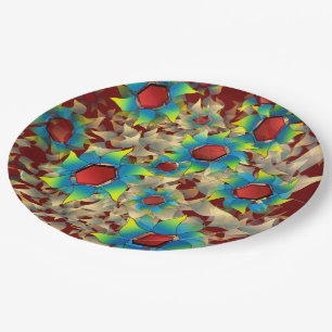 Weird virtual flowers, bluish petals on dark red paper plate