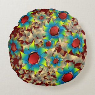 Weird virtual flowers, bluish petals on dark red round pillow