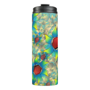 Weird virtual flowers, yellow blue petals on teal thermal tumbler