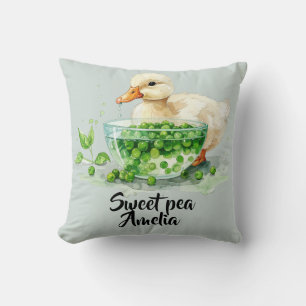 Weiße Ente ißt Erbsen aus Schale Throw Pillow