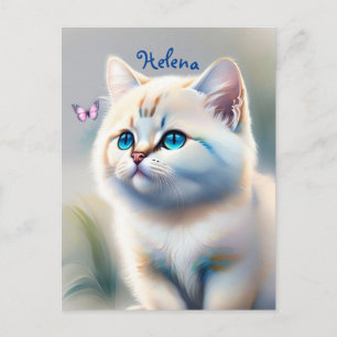 weiße Katze mit blauen Augen Wasserfarbenbild Postcard