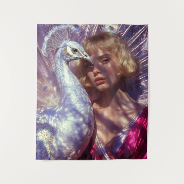 Weißer Pfau und Schönheit in rosa Eleganz Tapestry (Front)