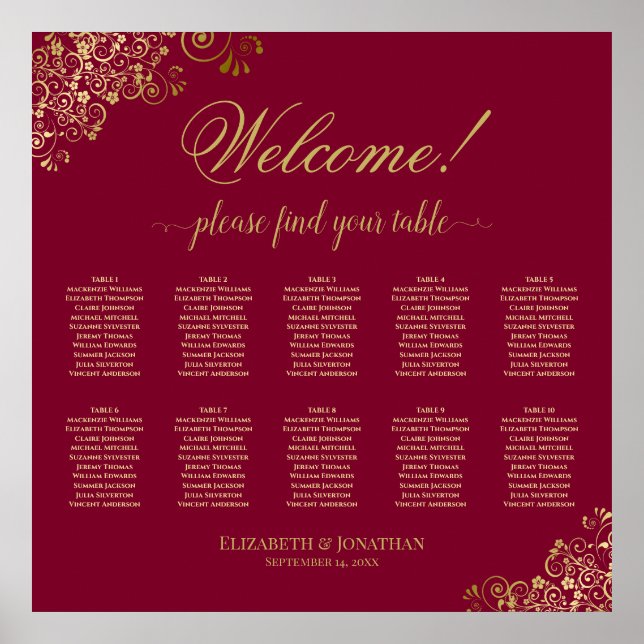 Welcome! 10 Table Gold on Burgundy Seating Chart (Front)
