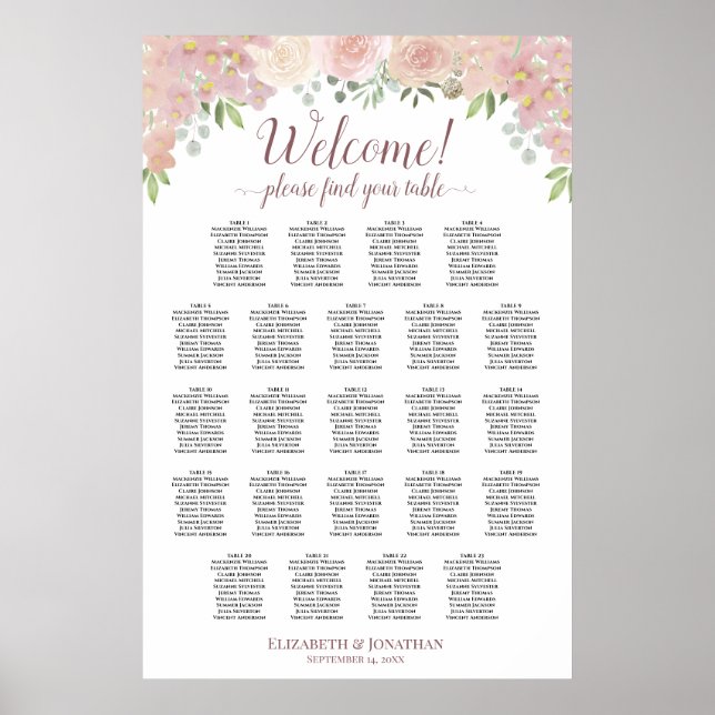 Welcome 23 Table Pink Roses Wedding Seating Chart (Front)