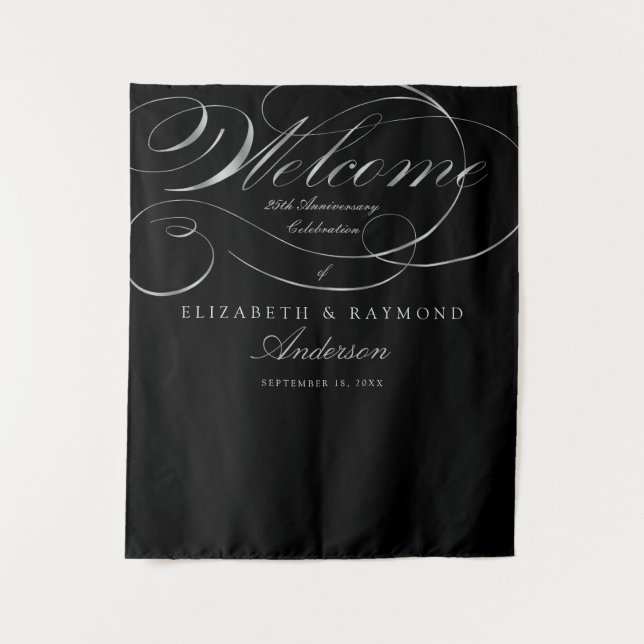 Welcome 25th Anniversary Elegant Silver Script Tapestry (Front)