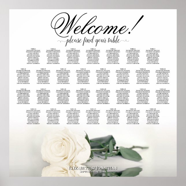 Welcome! 30 Table White Rose Wedding Seating Chart (Front)
