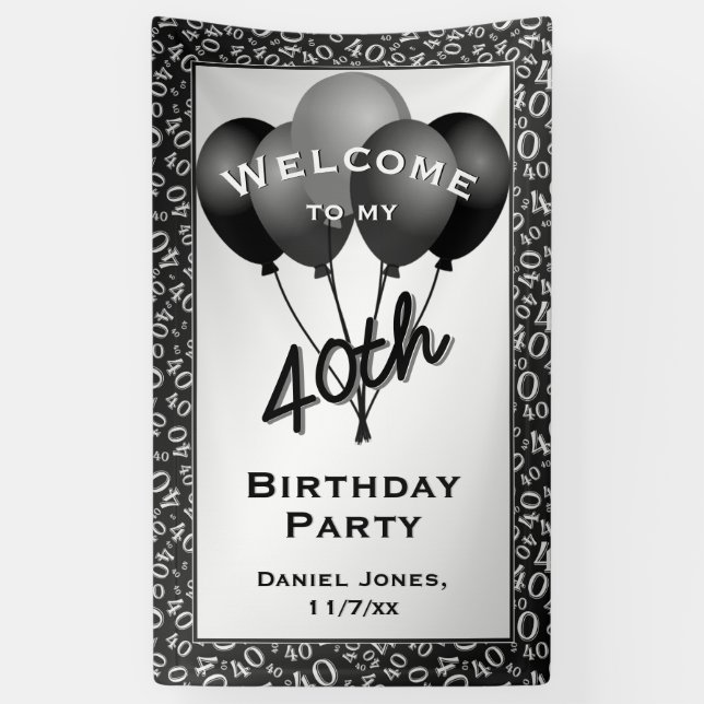 Welcome 40th Party Black/White Number Pattern Banner (Vertical)