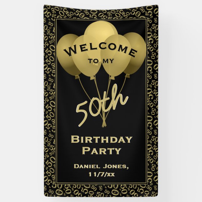 Welcome 50th Birthday Number Patten Gold and Black Banner (Vertical)