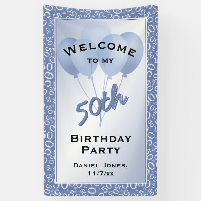 Welcome 50th Party Blue/White Number Pattern Banner (Vertical)