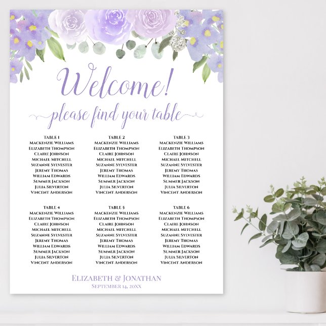 Welcome! 6 Table Lavender Roses Boho Seating Chart (In Situ on Wall)