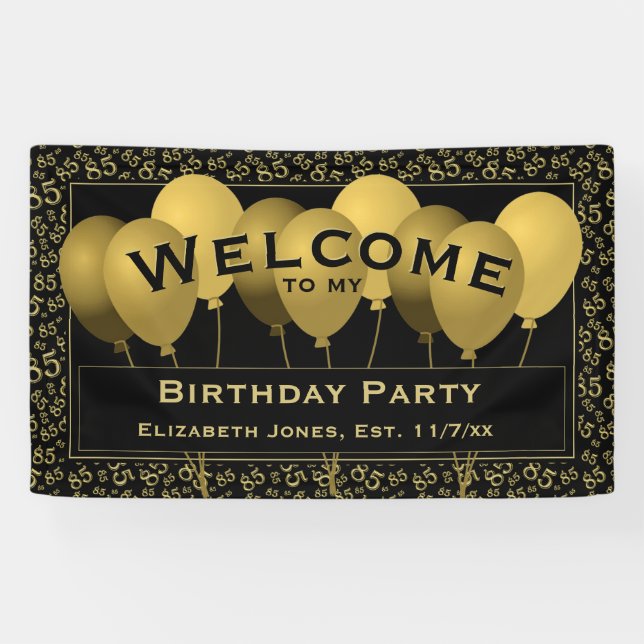 Welcome 85th Birthday Number Pattern | Black/Gold Banner (Horizontal)