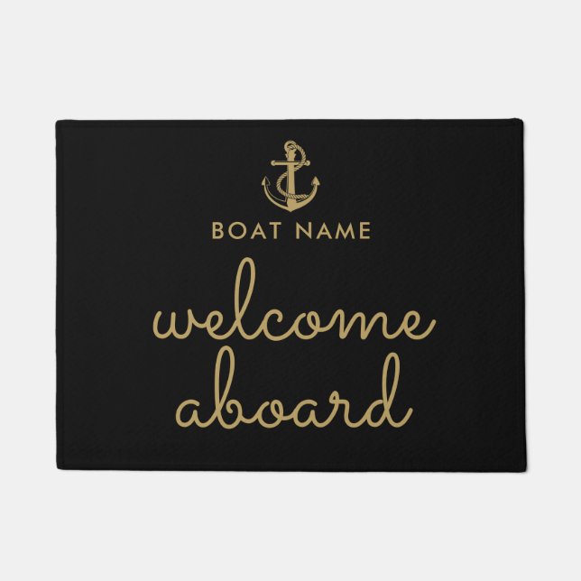 Welcome Aboard Black And Gold Anchor Boat Name Doormat (Front)