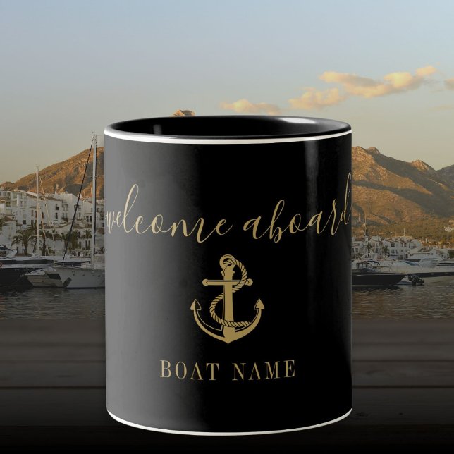 Welcome Aboard Black And Gold Anchor Boat Name Two-Tone Coffee Mug (Welcome Aboard Black And Gold Anchor Boat Name Two-Tone Coffee Mug)