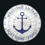 Welcome Aboard blue nautical anchor custom name  Dartboard<br><div class="desc">Welcome Aboard, Custom Boat name or Family name, nautical navy blue anchor and text Fully customizable text. So you can personalize it and make it unique. nautical sailing text, captain name, boat name, family name, entrance sign, etc Navy blue text and anchor on white background. Colours are editable. This dartboard...</div>