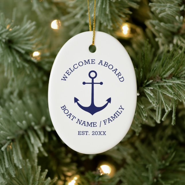 Welcome Aboard blue white Custom nautical anchor  Ceramic Ornament (Tree)