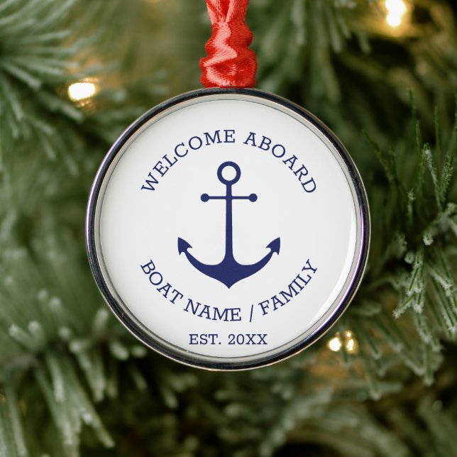 Welcome Aboard blue & white Custom nautical anchor Metal Ornament (Tree)