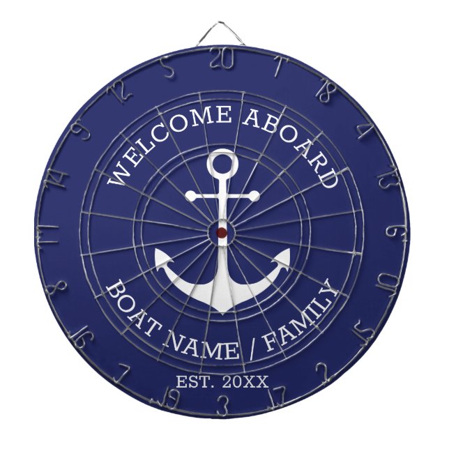 Welcome Aboard blue white nautical anchor name Dartboard (Front)