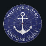 Welcome Aboard blue white nautical anchor name Dartboard<br><div class="desc">Welcome Aboard, Custom Boat name or Family name, nautical anchor and personalized text. Fully customizable text. So you can personalize it and make it unique. nautical sailing text, captain name, boat name, family name, entrance sign, etc White text and anchor on blue background. Colours are editable. This dartboard is great...</div>
