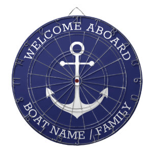 Welcome Aboard blue white nautical anchor name Dartboard