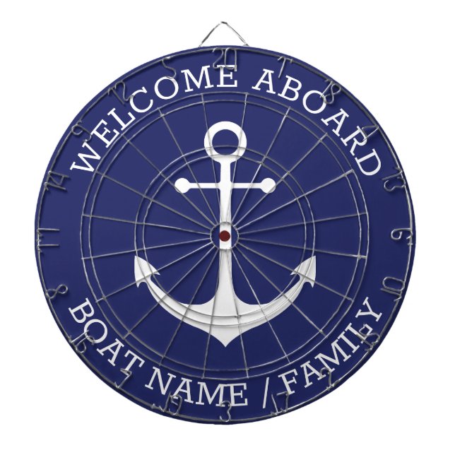 Welcome Aboard blue white nautical anchor name Dartboard (Front)