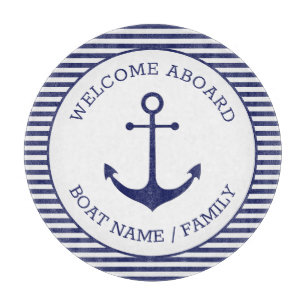 Welcome Aboard blue white nautical anchor striped Cutting Board