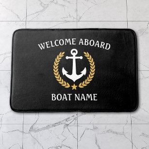 Welcome Aboard Boat Name Anchor Gold Laurel Black Bath Mat