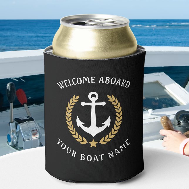 Welcome Aboard Boat Name Anchor Gold Laurel Black Can Cooler (Creator Uploaded)